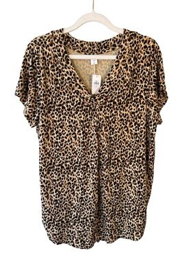 Old Navy Leopard Print V-Neck Short Sleeve Top - Tan & Black Size L Neutral